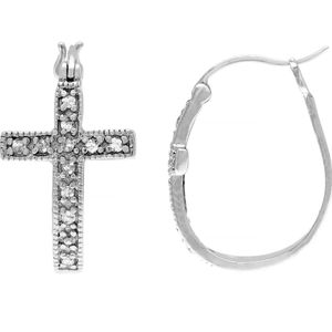 Sterling silver diamond cross hoop earrings